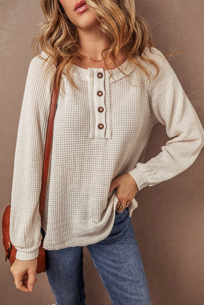 Oatmeal Waffle Knit Buttoned Front Raglan Sleeve Loose Blouse