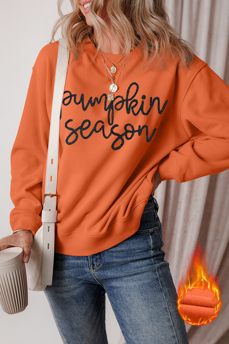 Russet Orange Glittering Pumpkin Season Graphic Drop Shoulder Pullover Sweatshirt