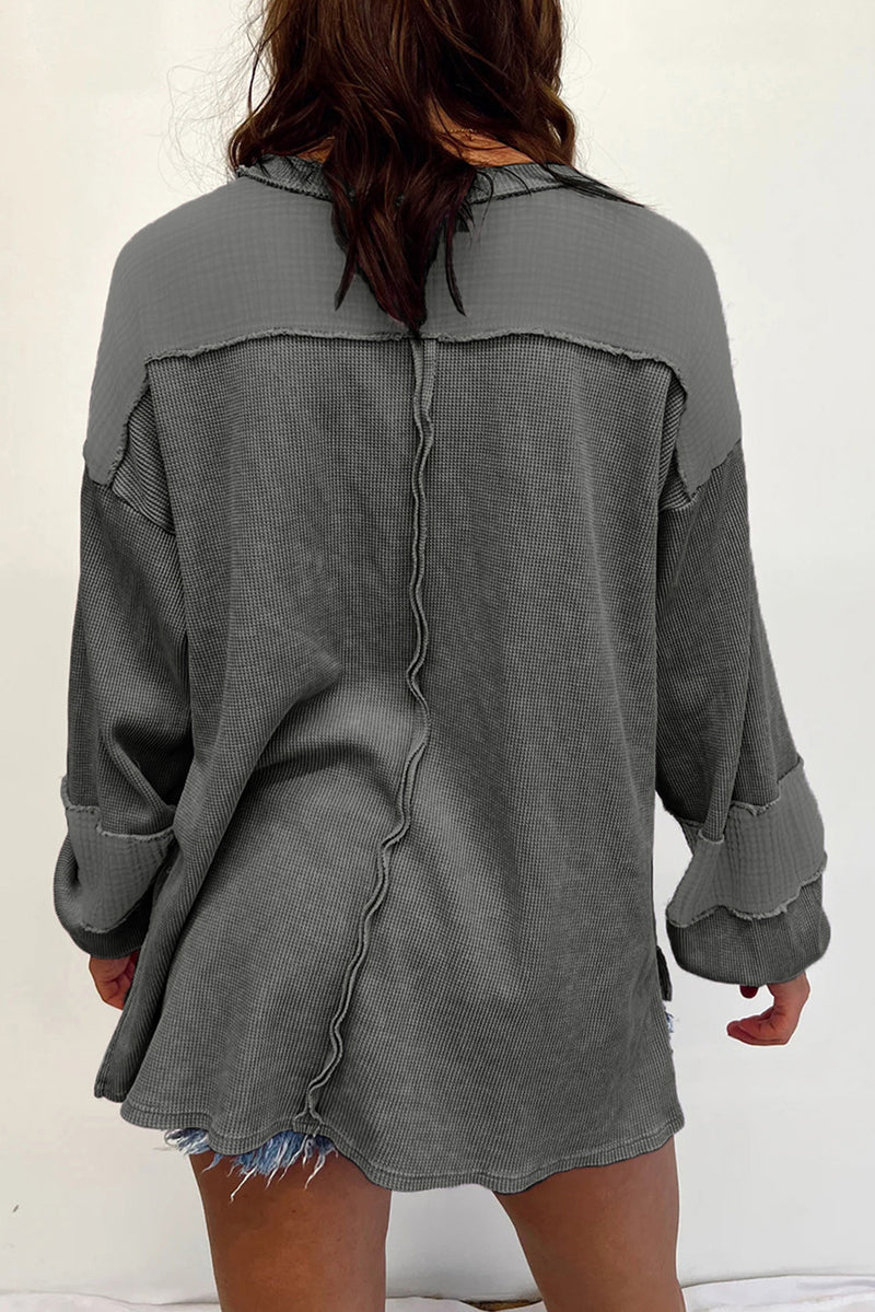 Dark Grey Plus Size Exposed Seam Crinkle Patchwork Top