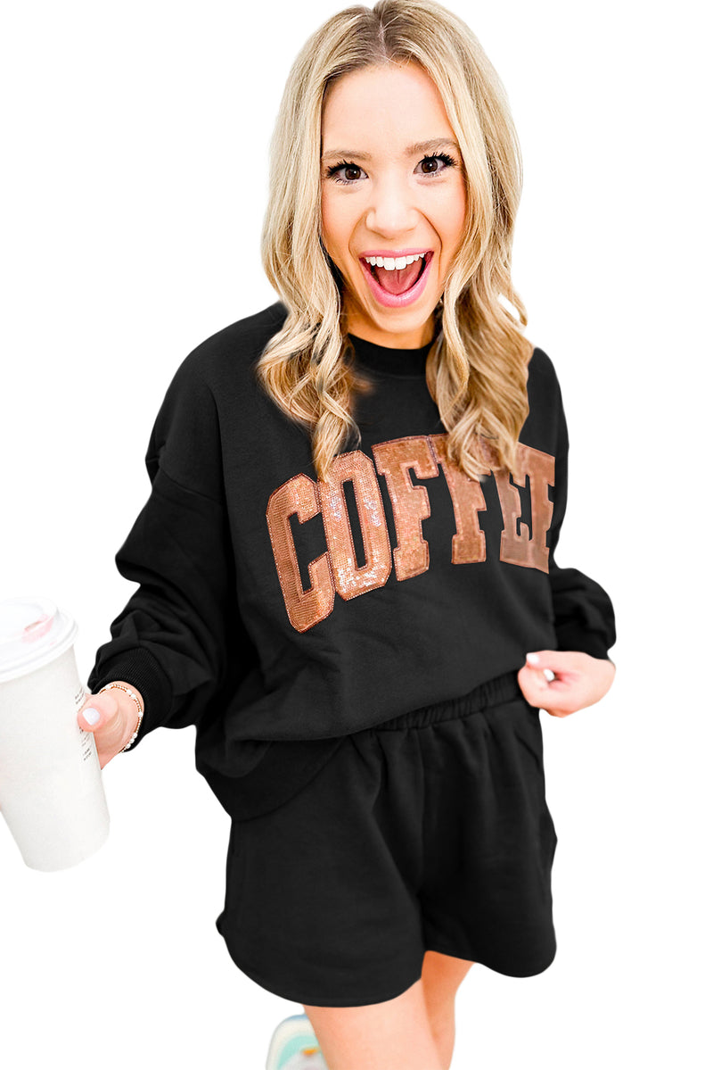 Black Sequined COFFEE Loose Fit Sweatshirt and Shorts Set