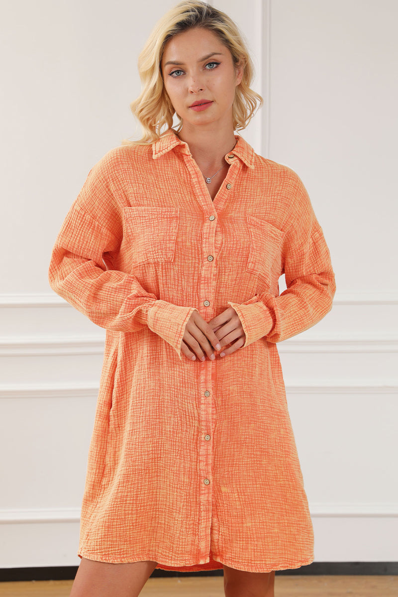 Orange Crinkled Pocket Oversized Shirt Dress