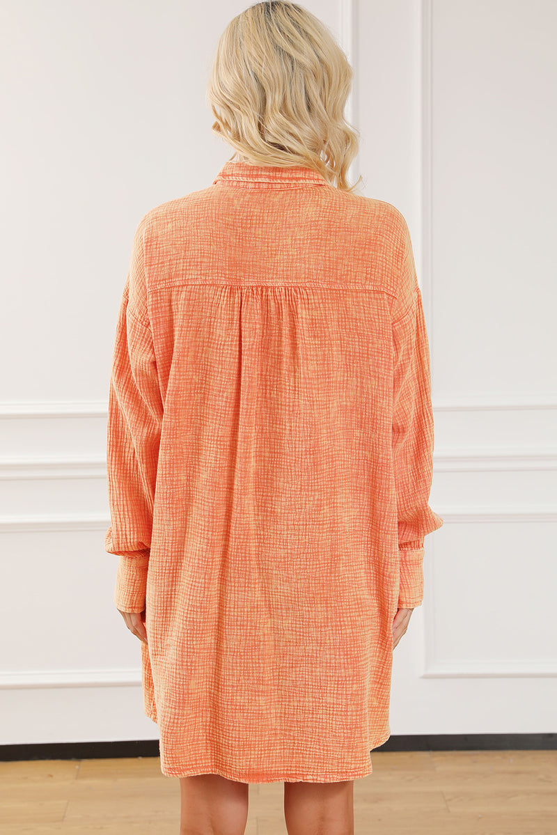 Orange Crinkled Pocket Oversized Shirt Dress