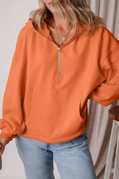 Orange Fleece Lined Half Zipper Kangaroo Pockets Loose Hoodie