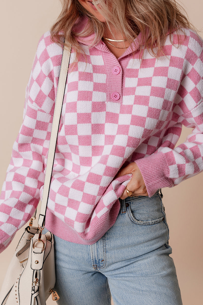 Apricot Checkered Buttons Collar V Neck Drop Shoulder Sweater