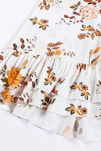 White Printed Floral Print Layered Sleeve Mini Dress