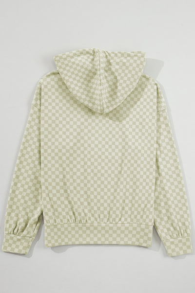 Khaki Checkered Print Kangaroo Pocket Drawstring Hoodie