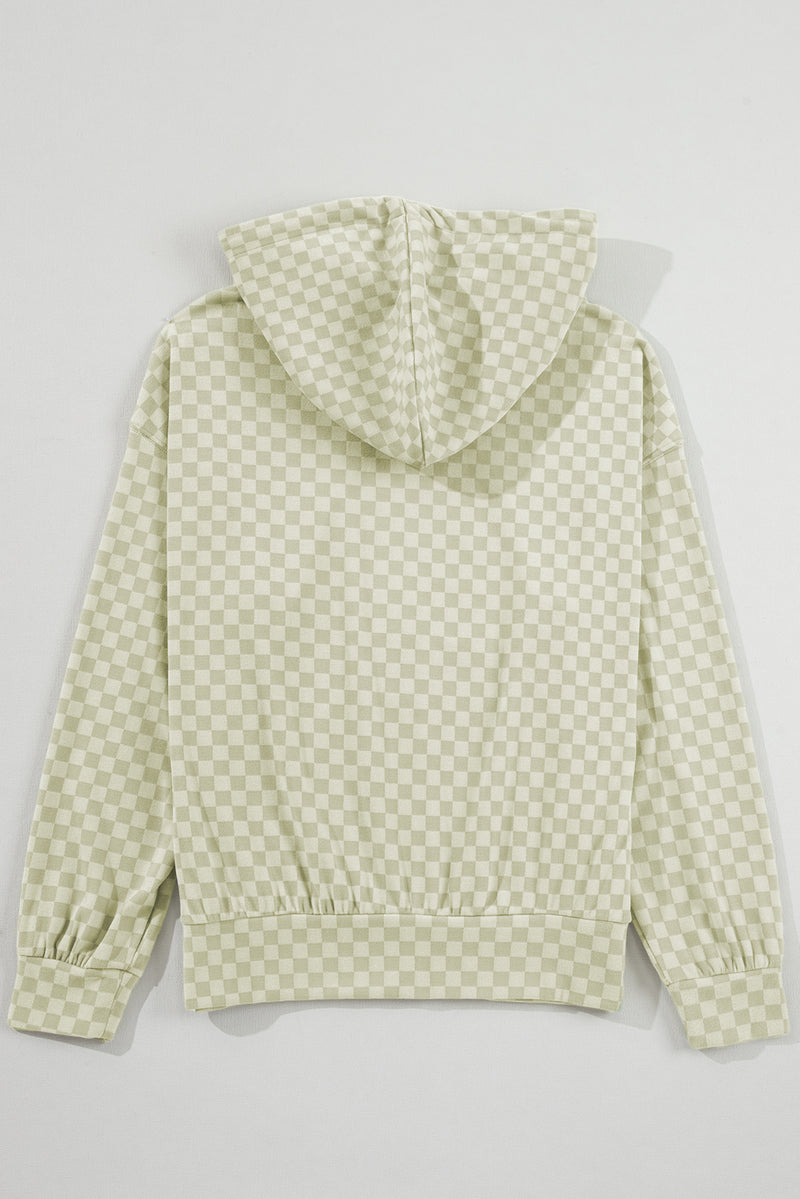 Khaki Checkered Print Kangaroo Pocket Drawstring Hoodie