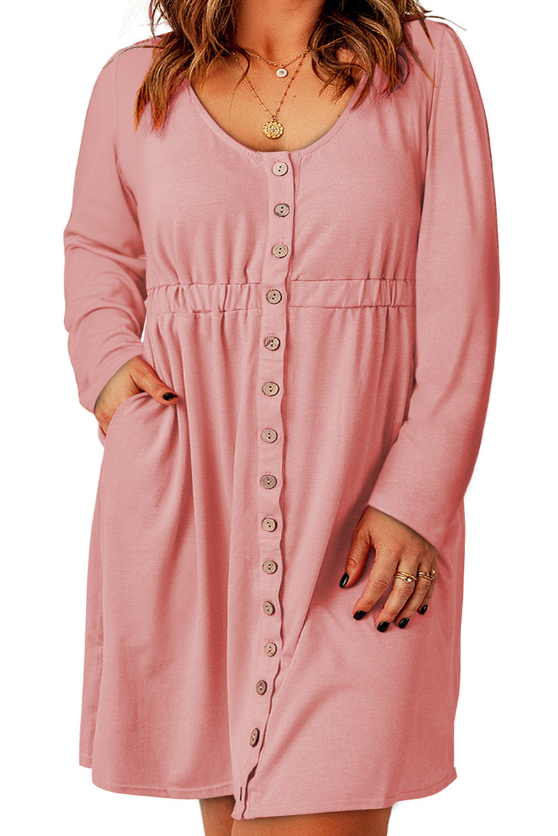 Pink Solid Button Front Plus Size Long Sleeve Dress