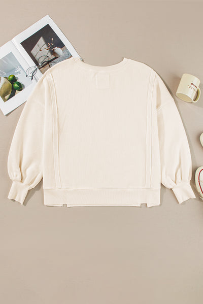 Pink Waffle Knit Bishop Sleeve Split Oversized Sweatshirt