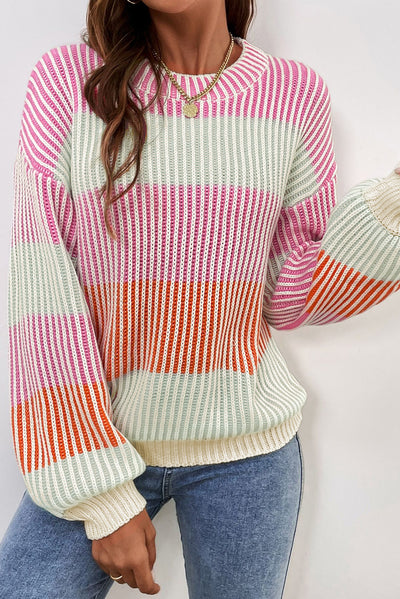 Brown Colorblock Textured Knit Bubble Sleeve Sweater