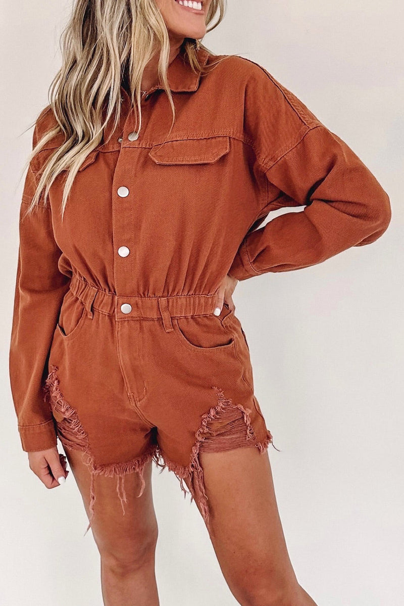 Gold Flame Long Sleeve Snap Buttons Distressed Denim Romper