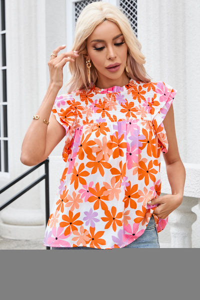 Orange Ruffled Sleeve Smocked Floral Top