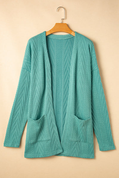 Solid Textured Open Front Cardigan with Pocket