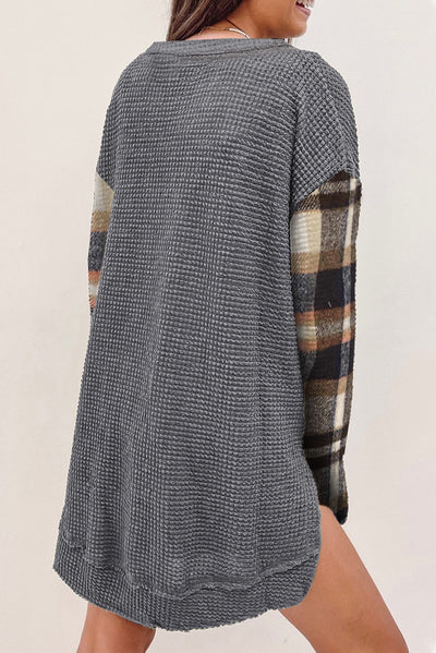 Dark Grey Loose Plaid Patchwork Textured Knit Henley Top