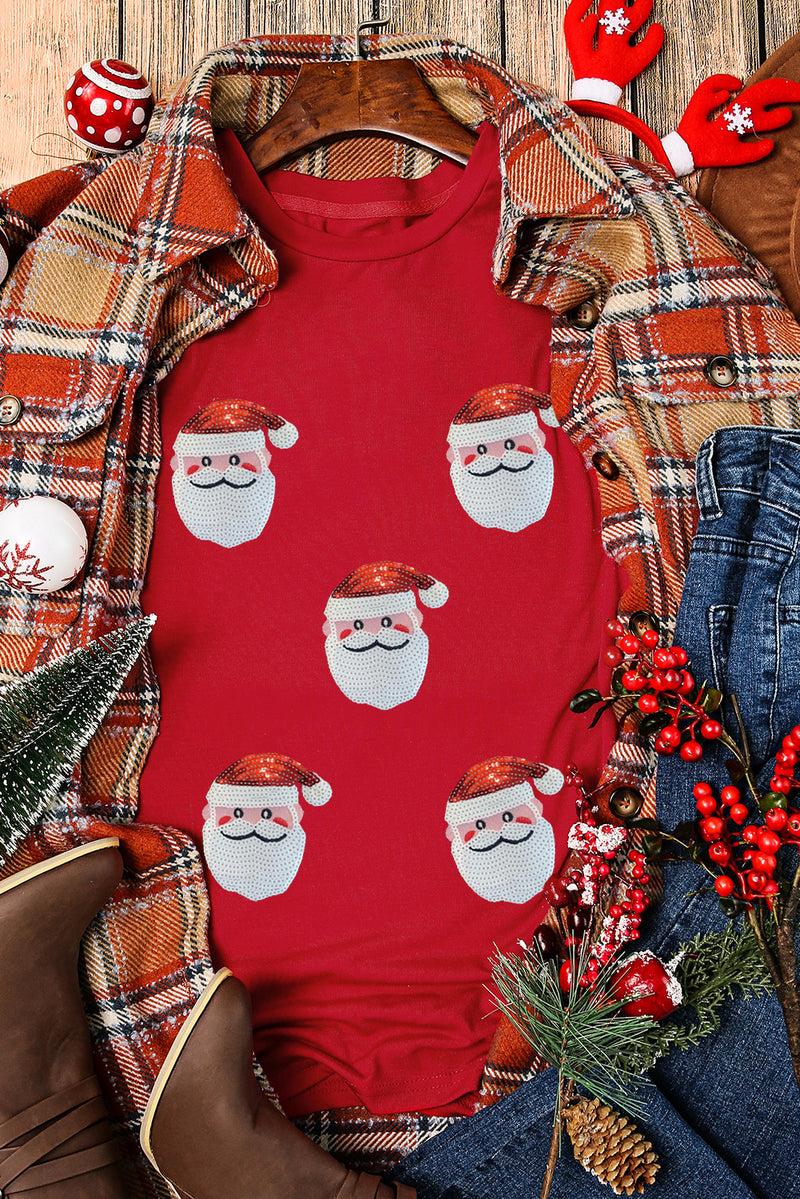 Red Sequin Christmas Claus Pattern Crewneck T Shirt