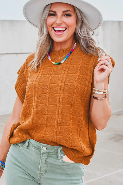 Chestnut Grid Textured Short Sleeve Sweater