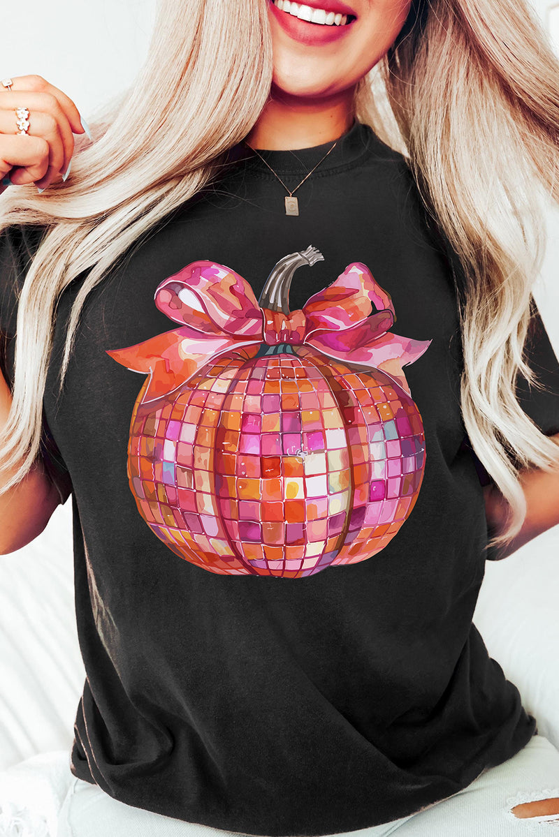 Black Bow Pumpkin Graphic Crewneck Thanksgiving T Shirt