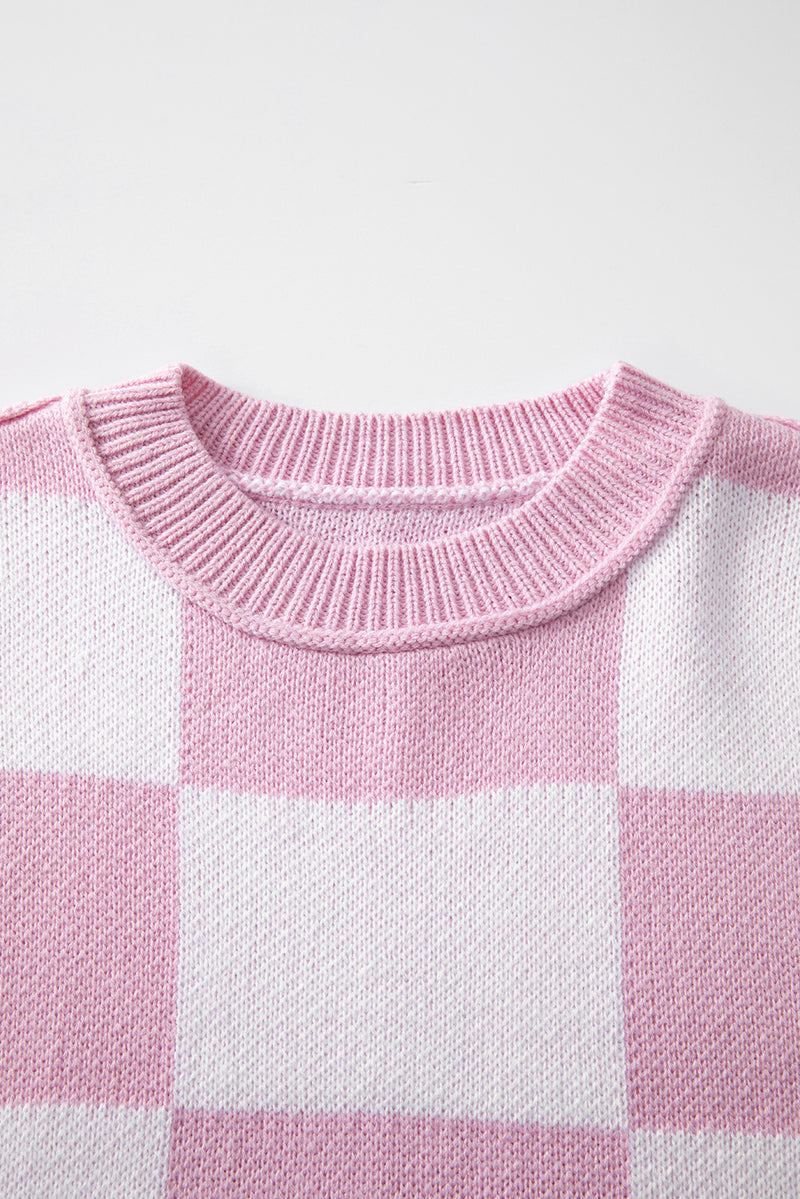 Rose Stripe Checkered Bishop Sleeve Sweater