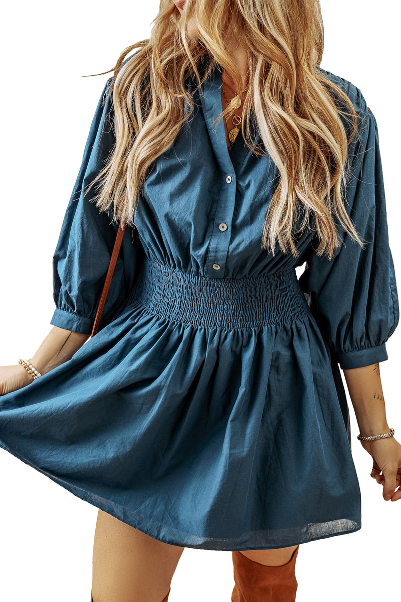 Prussian Blue 3/4 Sleeve Shirred High Waist Buttoned Mini Dress