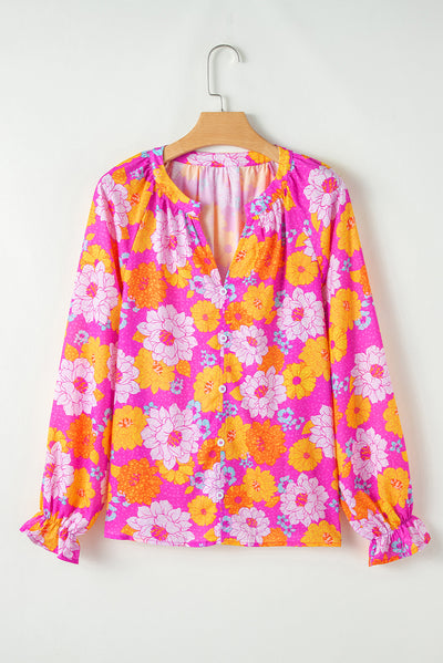 Rose Floral Print Flounce Sleeve Notched Neck Blouse