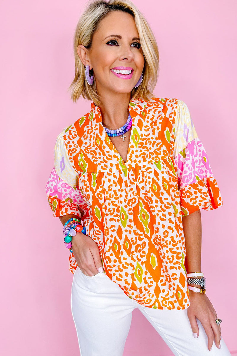 Orange Leopard Colorblock Puff Sleeve Split Neck Blouse