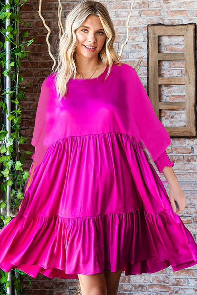 Satin Smocked Bubble Sleeve Tiered Dress