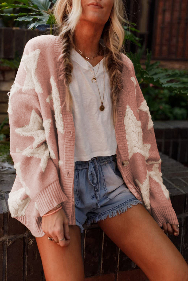 Pink Sherpa Star Pattern Textured Sweater Cardigan with Pockets