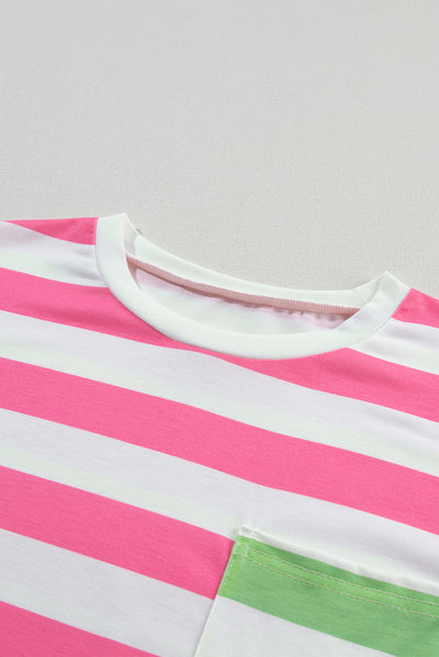 Blue Stripe Contrast Patch Pocket Drop Sleeve T Shirt