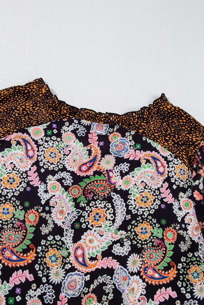 Black Plus Size Paisley Floral Print V Neck Bubble Sleeve Blouse