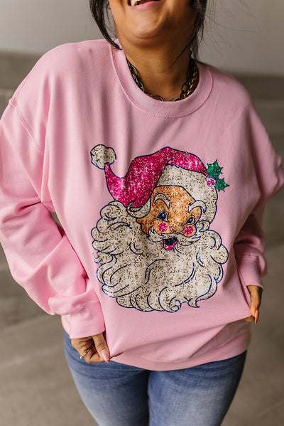 Pink Bold Christmas Claus Graphic Drop Shoulder Sweatshirt