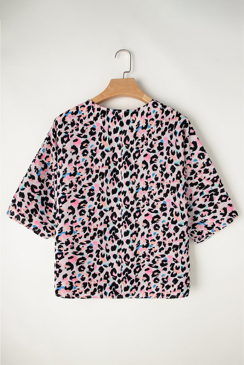 Pink Multicolor Leopard Print V Neck Oversized Blouse