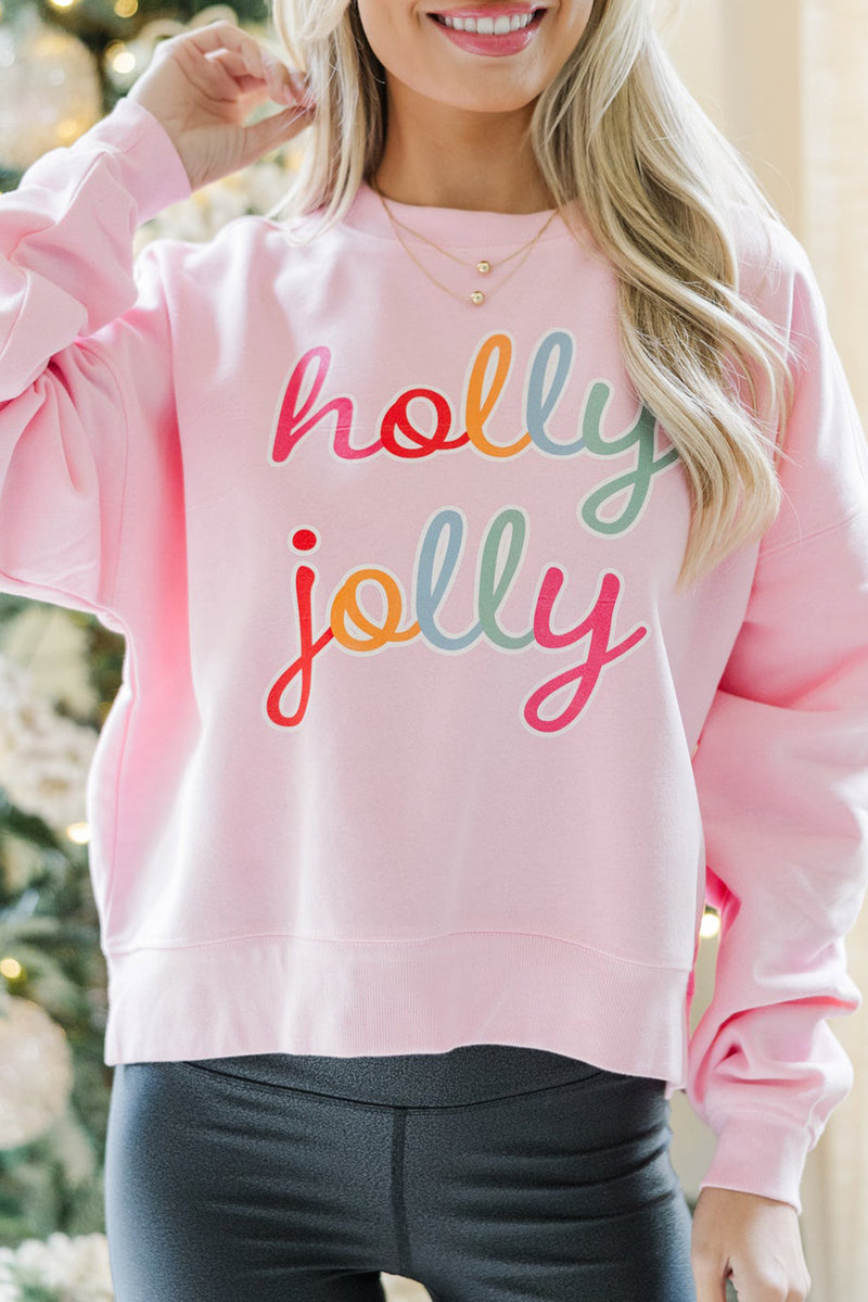 Pink holly jolly Printed Round Neck Christmas Sweatshirt