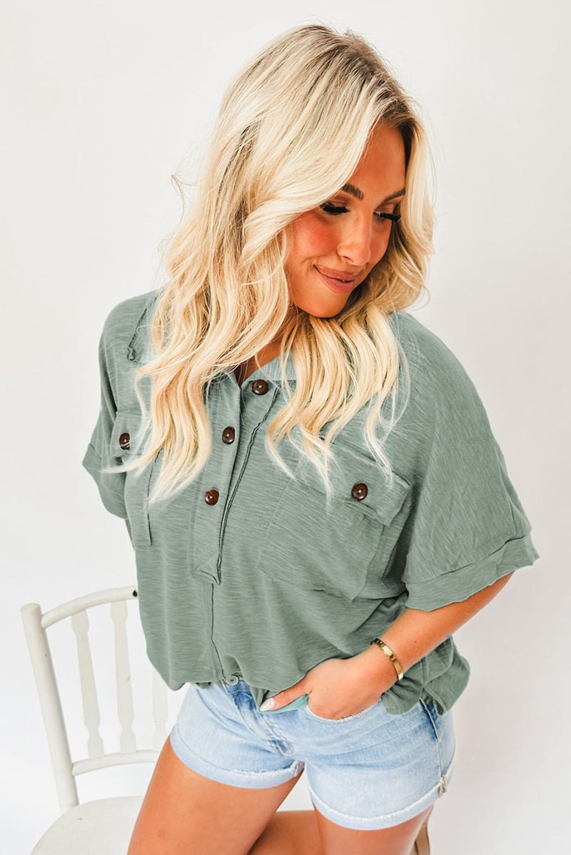 Chest Pockets Half Buttoned Collared Blouse