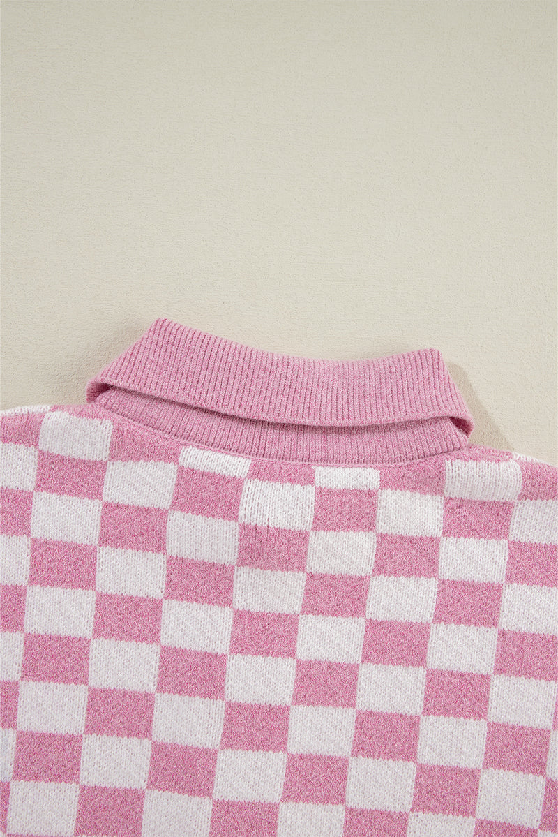 Apricot Checkered Buttons Collar V Neck Drop Shoulder Sweater