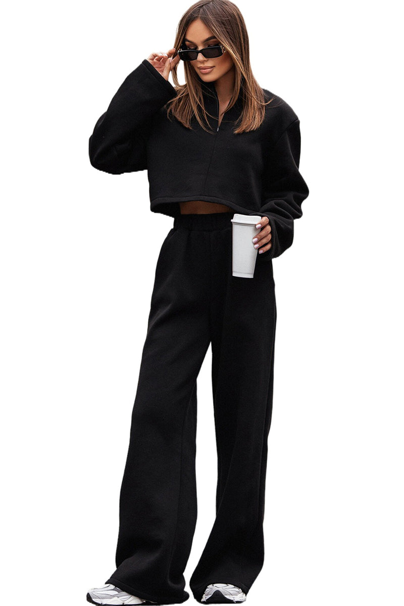 Black Zipped Collared Crop Top and Wide Leg Pants Set