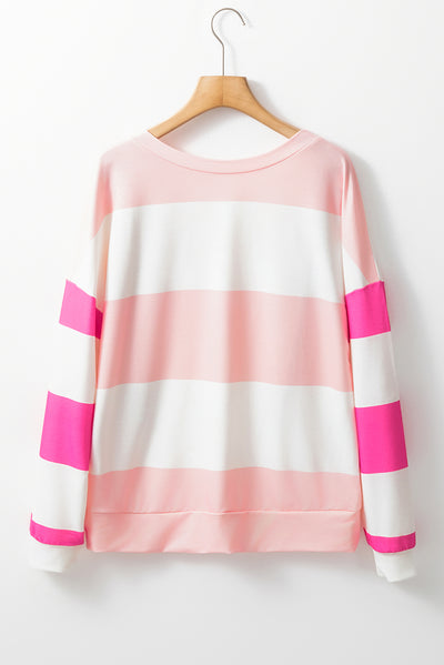 Rose Red Colorblock Striped Drop Shoulder Long Sleeve Top