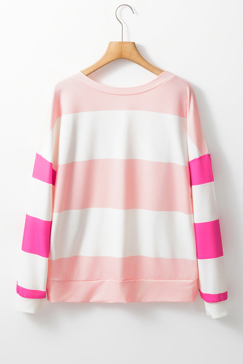 Rose Red Colorblock Striped Drop Shoulder Long Sleeve Top