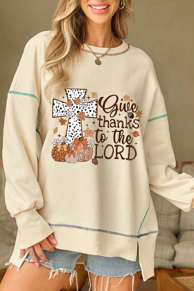 White Give Thanks to the LORD Graphic High Low Hem Loose Sweatshirt