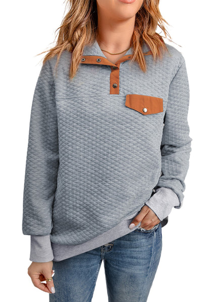 Gray Quilted Snaps Stand Neck Pullover Sweatshirt with Fake Front Pocket