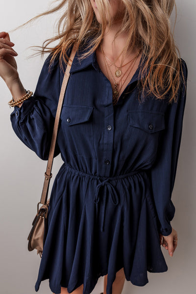 Navy Blue Solid Chest Pockets Tunic Shirt Mini Dress