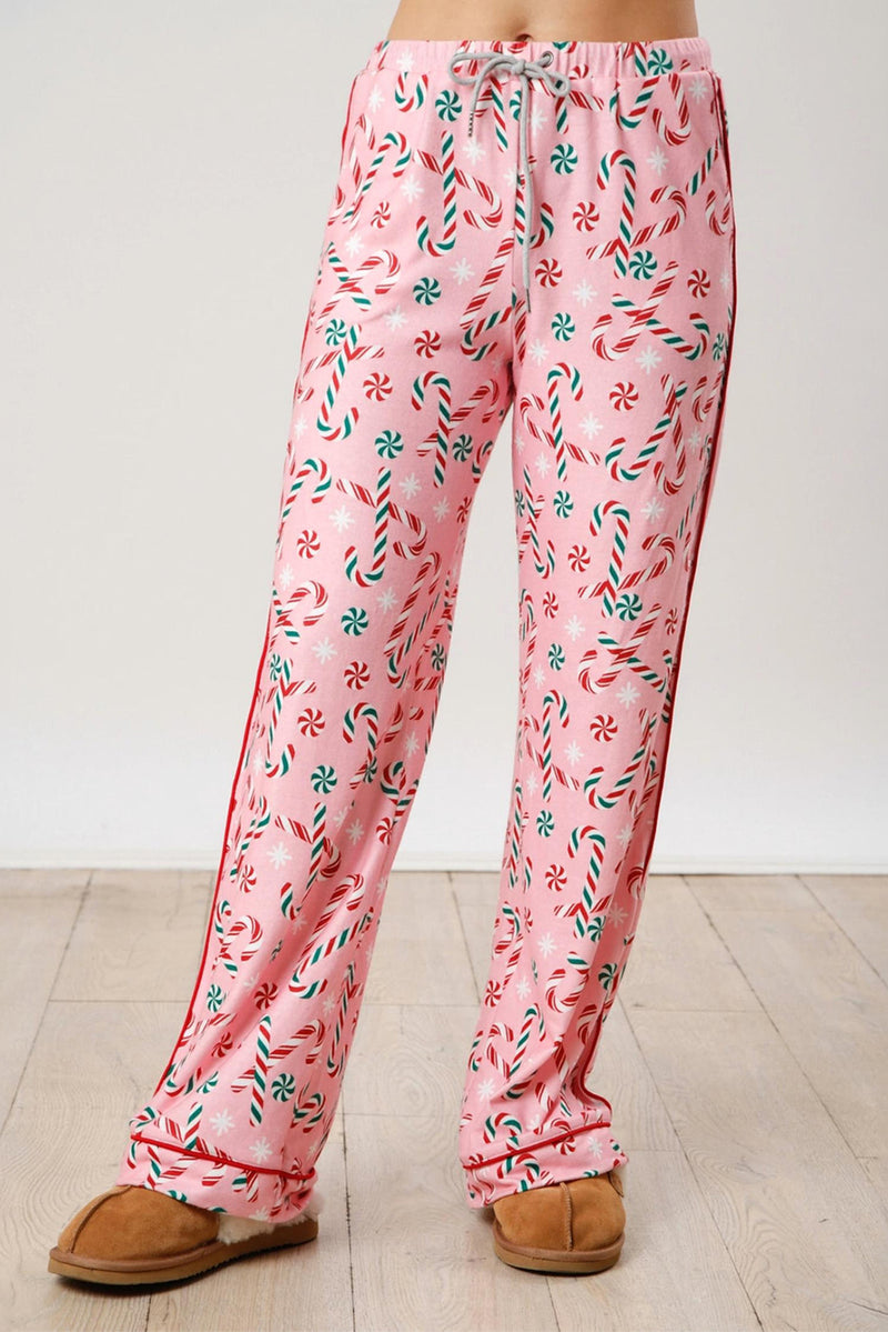 Pink Christmas Candy Cane Print Lapel Collar Shirt and Pants Two Piece Pajamas Set