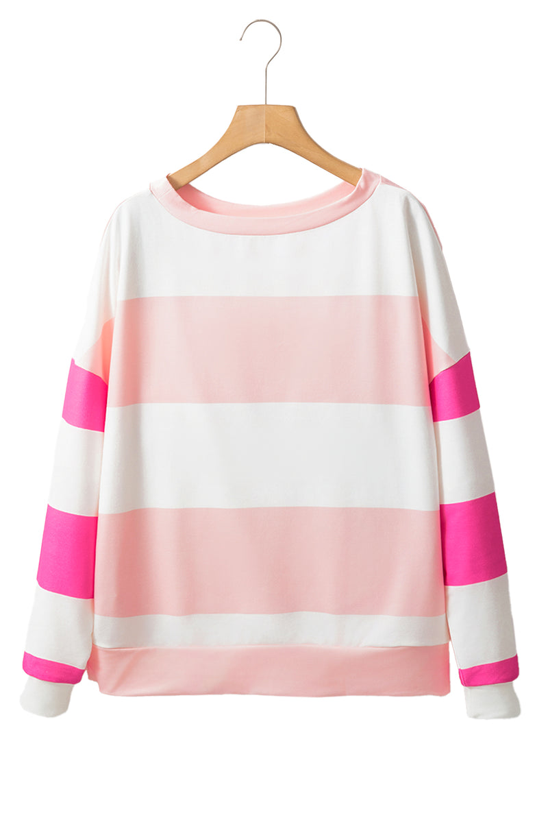 Rose Red Colorblock Striped Drop Shoulder Long Sleeve Top