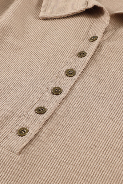 Khaki Button Front Turn-down Neck Knit Top