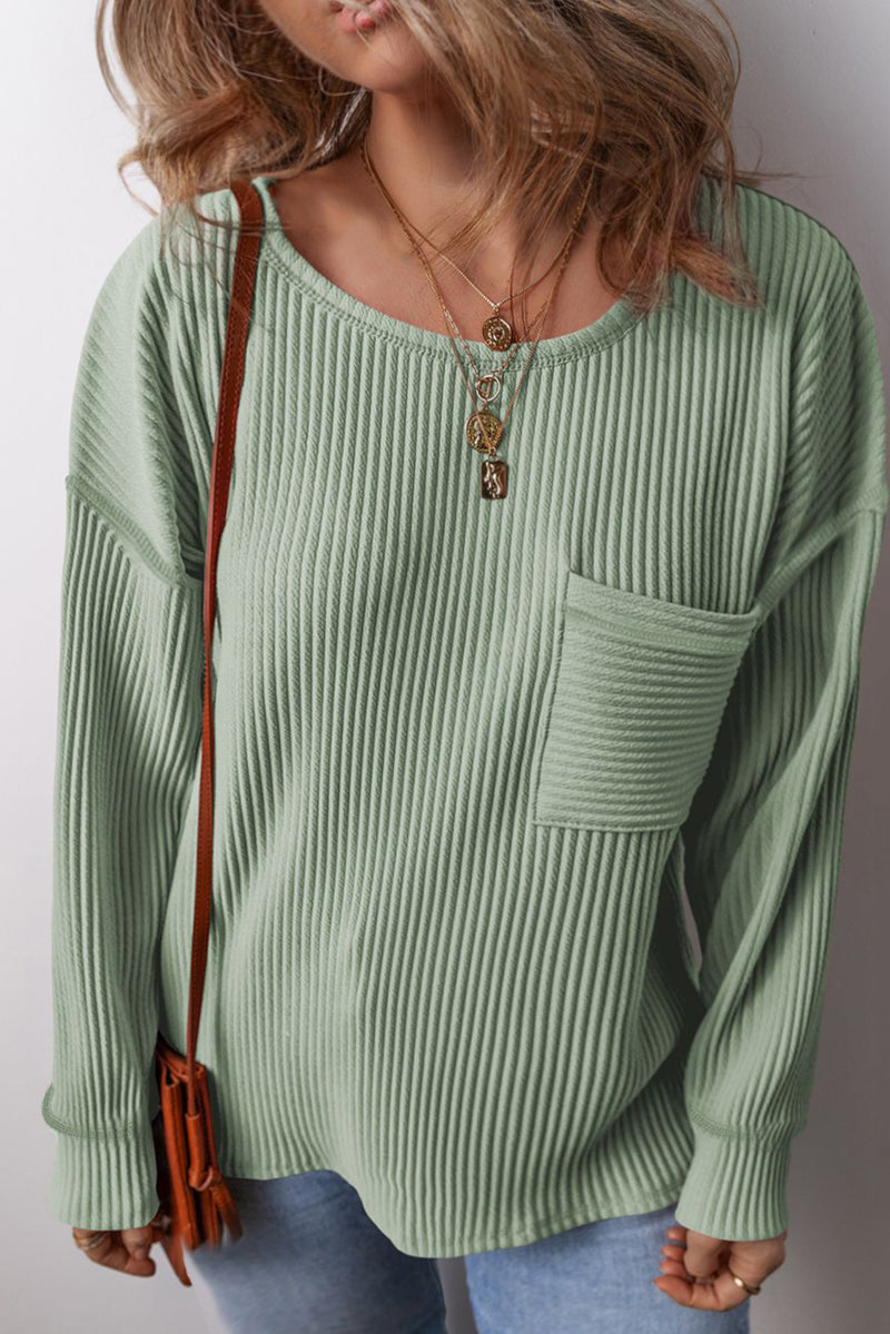 Clearly Aqua Plus Size Corded Knit Pocketed Crew Neck Top