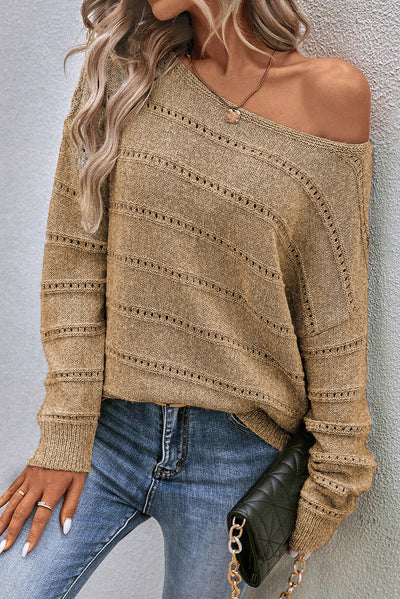 Boat Neck Drop Shoulder Pointelle Knit Sweater