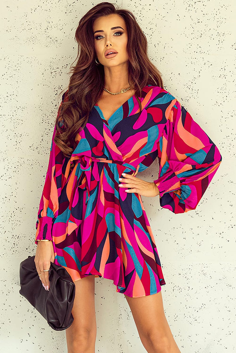Multicolor Abstract Printed Belted Puff Sleeve Mini Dress