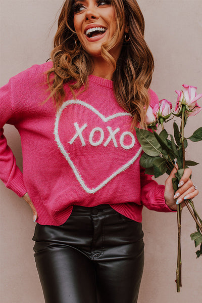 Rose Heart XOXO Pattern Drop Shoulder Rib Knit Sweater