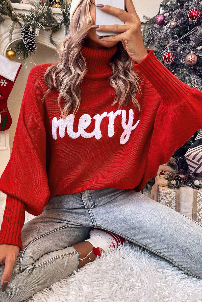 Red Valentine LOVE Embroidered High Neck Sweater