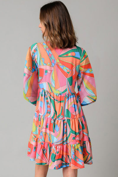 Multicolor Split Neck Ruffle Tiered Mini Dress