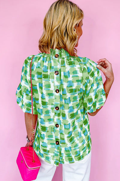 Green Abstract Print Button Back Ruffled High Neck Blouse